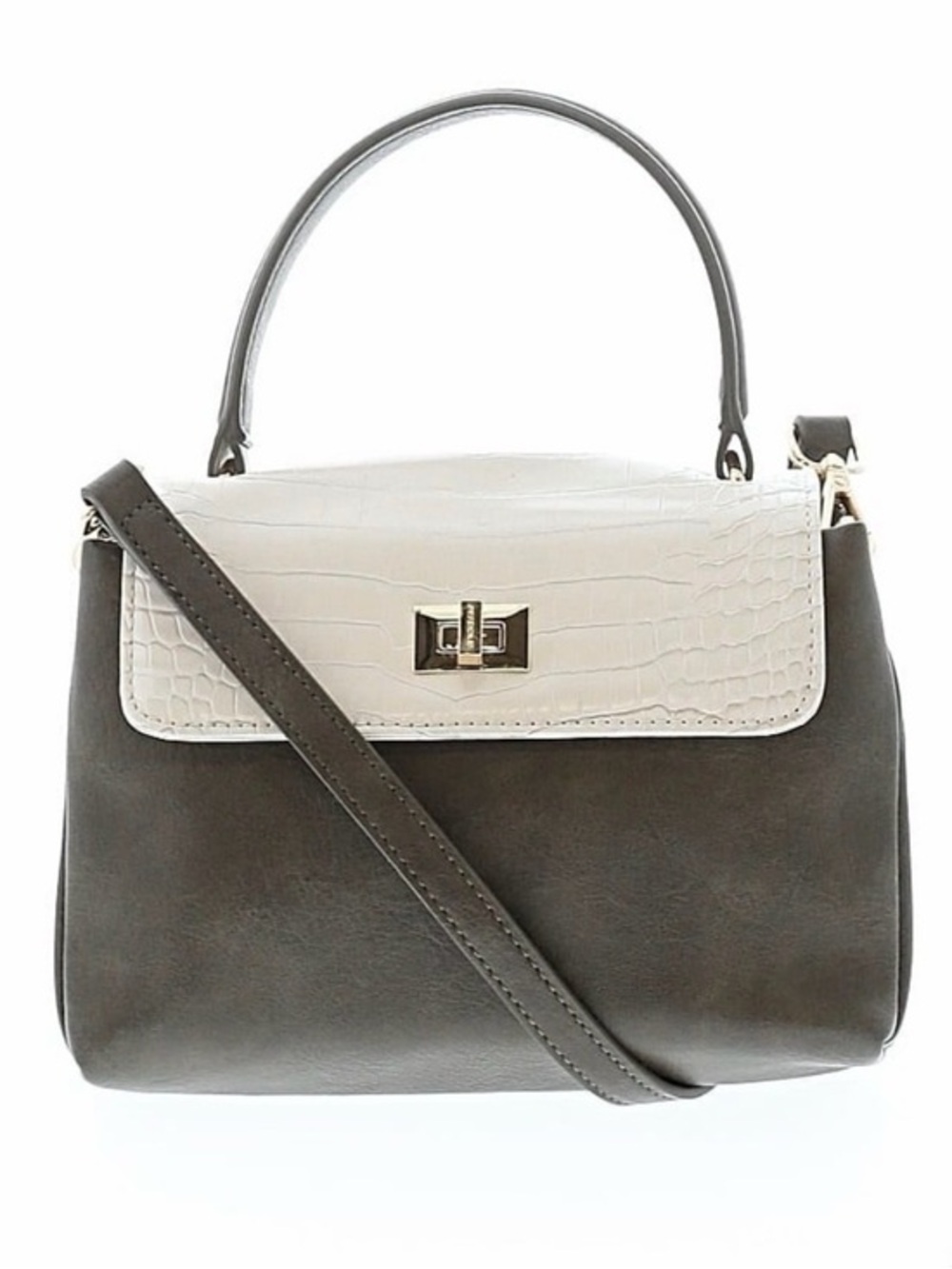 AVECLE Olive Green / White Croc-Embossed Flap Crossbody Gold Turn-Lock Leather F